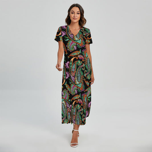 Green Orange And Pink Paisley Print Short Sleeve Maxi Dress