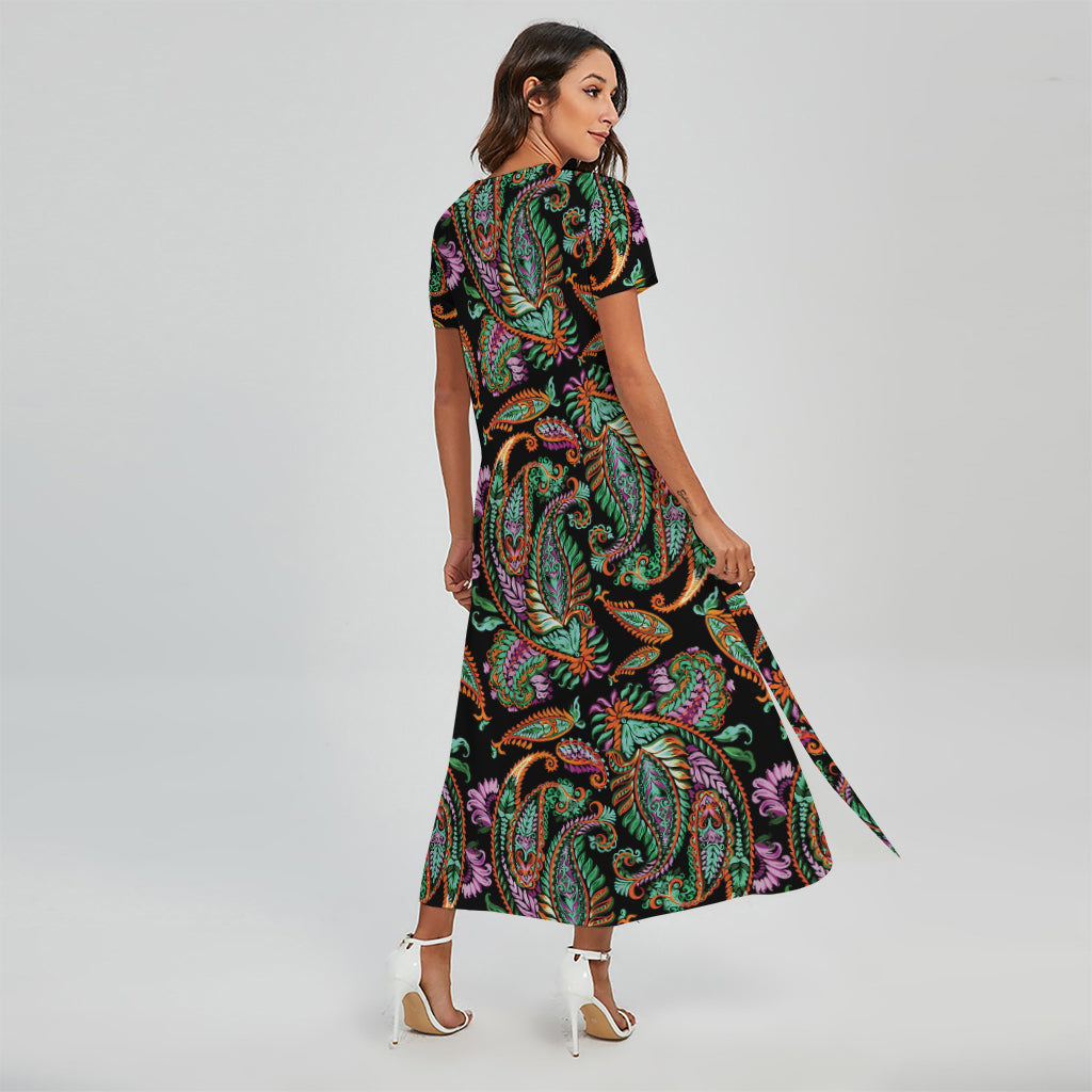 Green Orange And Pink Paisley Print Short Sleeve Maxi Dress