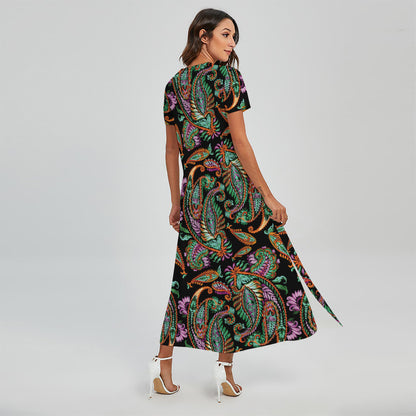 Green Orange And Pink Paisley Print Short Sleeve Maxi Dress