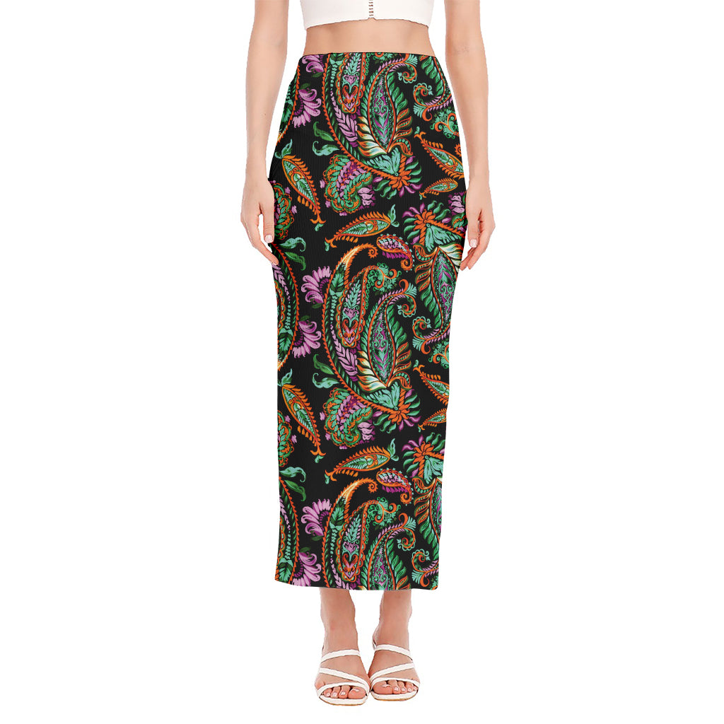 Green Orange And Pink Paisley Print Side Slit Maxi Skirt