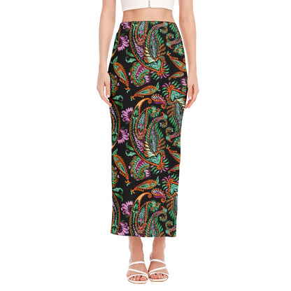 Green Orange And Pink Paisley Print Side Slit Maxi Skirt