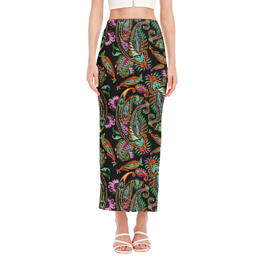 Green Orange And Pink Paisley Print Side Slit Maxi Skirt