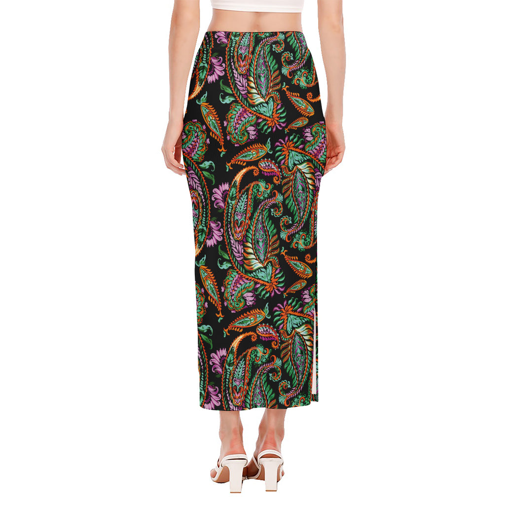 Green Orange And Pink Paisley Print Side Slit Maxi Skirt
