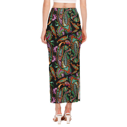 Green Orange And Pink Paisley Print Side Slit Maxi Skirt