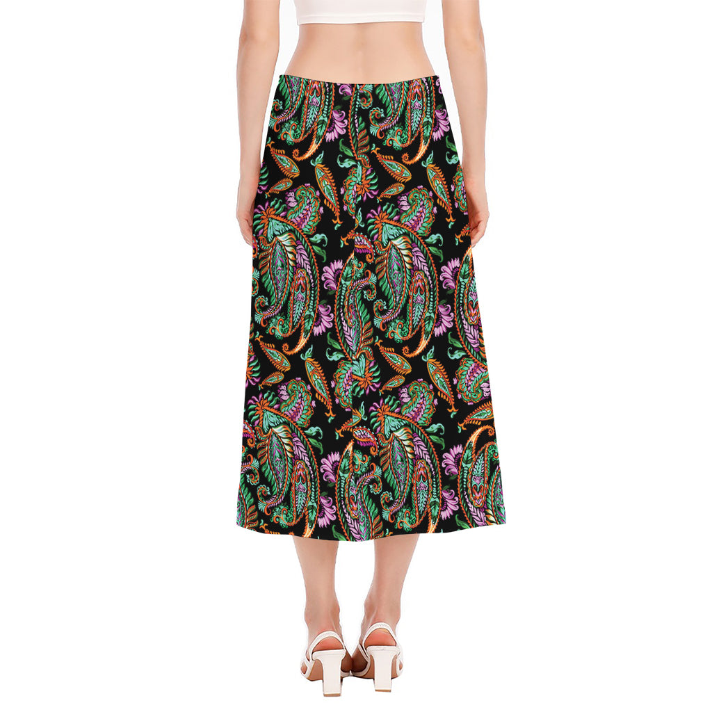 Green Orange And Pink Paisley Print Side Slit Midi Skirt