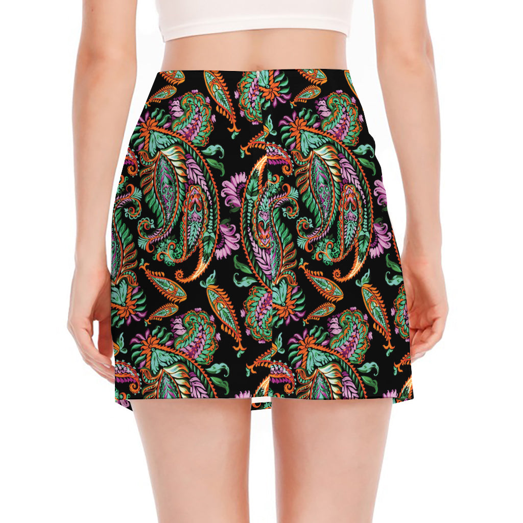 Green Orange And Pink Paisley Print Side Slit Mini Skirt