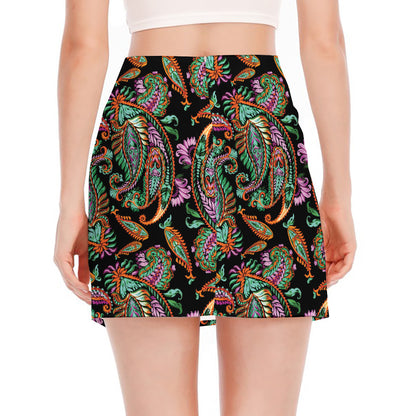 Green Orange And Pink Paisley Print Side Slit Mini Skirt