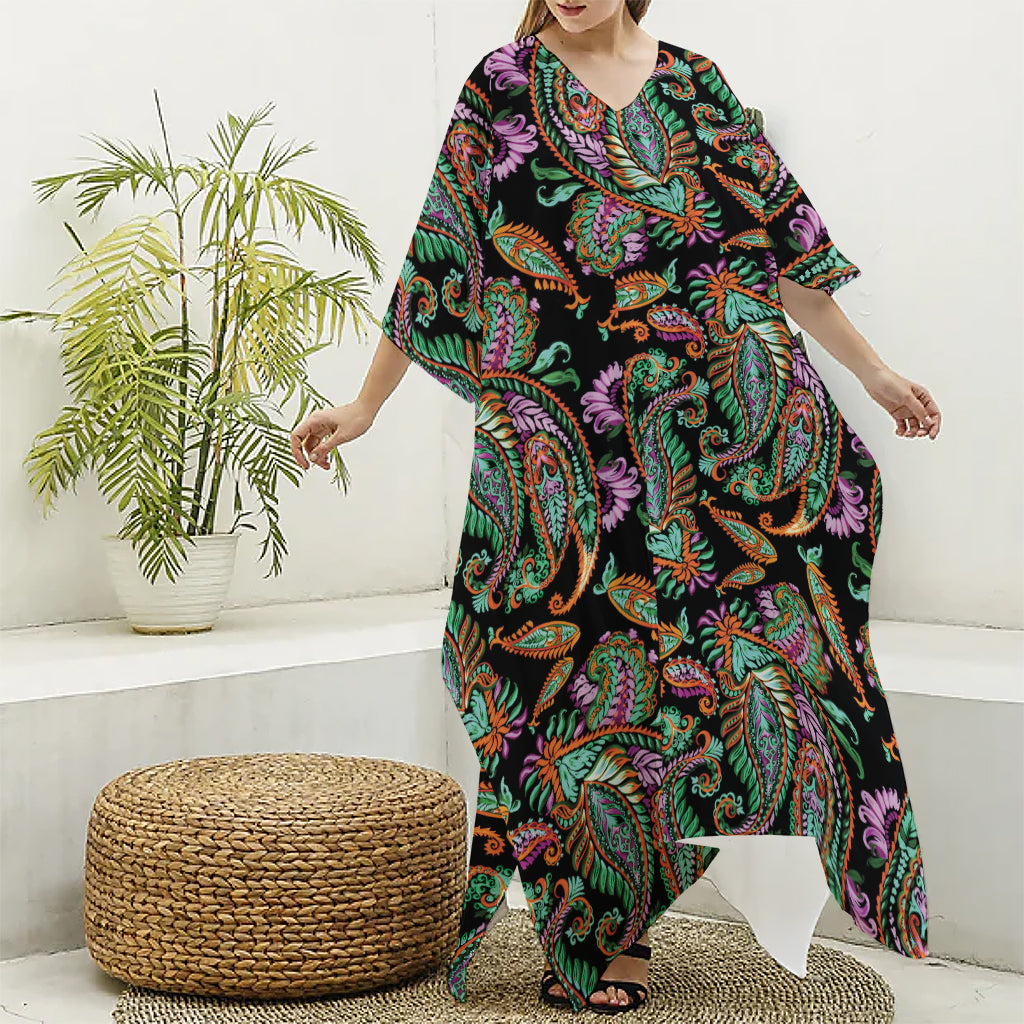 Green Orange And Pink Paisley Print Silk V-Neck Kaftan Dress