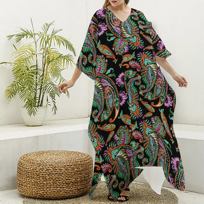 Green Orange And Pink Paisley Print Silk V-Neck Kaftan Dress