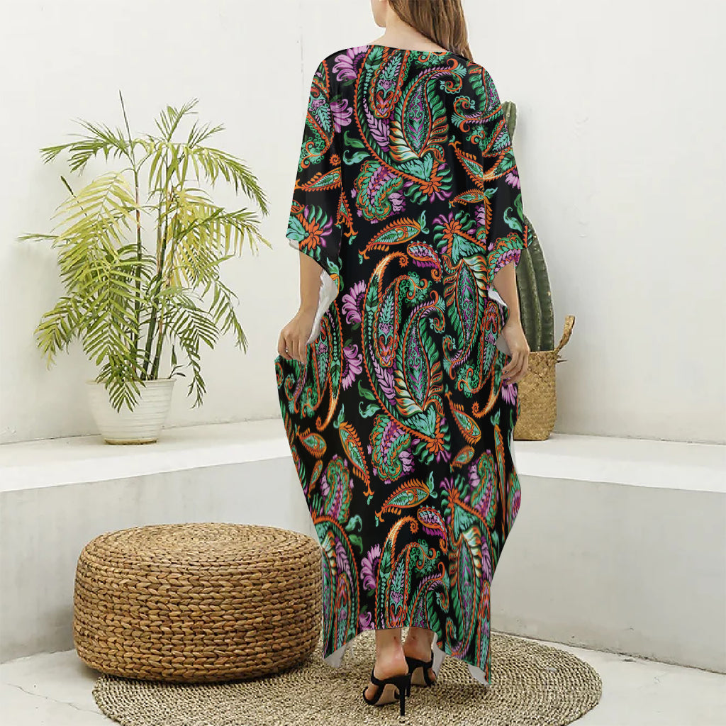 Green Orange And Pink Paisley Print Silk V-Neck Kaftan Dress