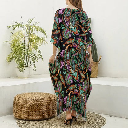 Green Orange And Pink Paisley Print Silk V-Neck Kaftan Dress