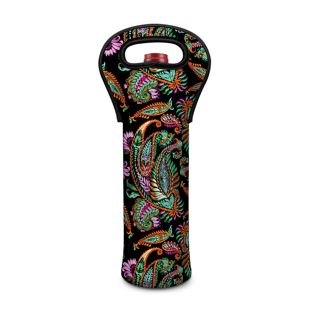 Green Orange And Pink Paisley Print Single Neoprene Wine Tote