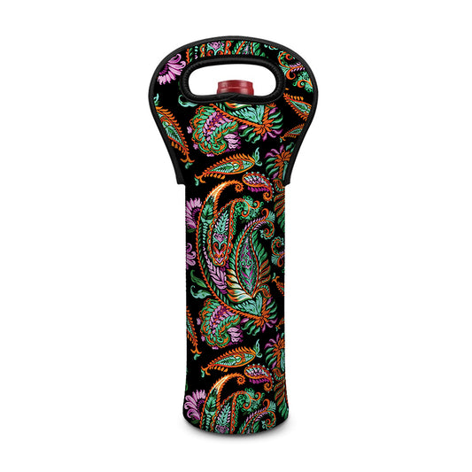 Green Orange And Pink Paisley Print Single Neoprene Wine Tote