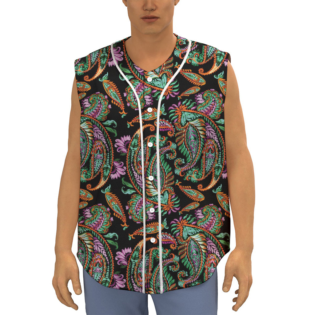 Green Orange And Pink Paisley Print Sleeveless Baseball Jersey
