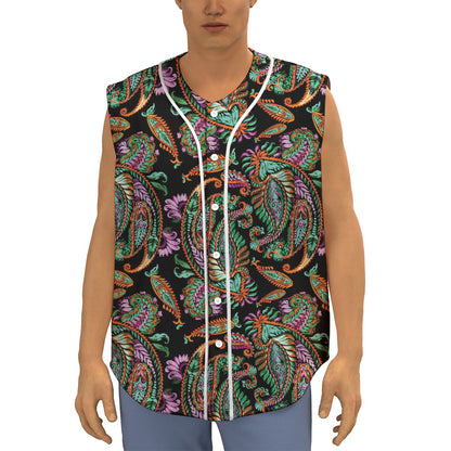 Green Orange And Pink Paisley Print Sleeveless Baseball Jersey