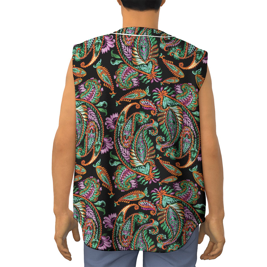 Green Orange And Pink Paisley Print Sleeveless Baseball Jersey
