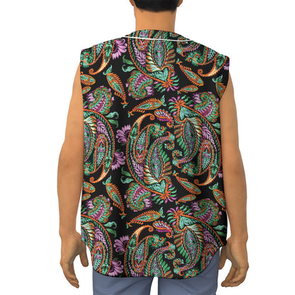 Green Orange And Pink Paisley Print Sleeveless Baseball Jersey