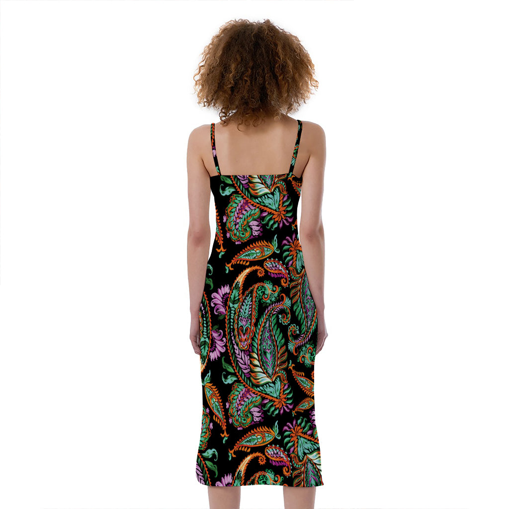 Green Orange And Pink Paisley Print Slim Fit Midi Cami Dress