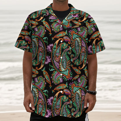 Green Orange And Pink Paisley Print Textured Short Sleeve Shirt
