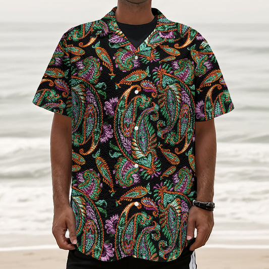 Green Orange And Pink Paisley Print Textured Short Sleeve Shirt
