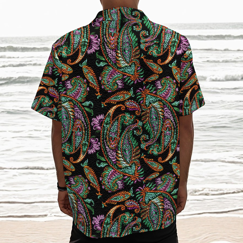 Green Orange And Pink Paisley Print Textured Short Sleeve Shirt