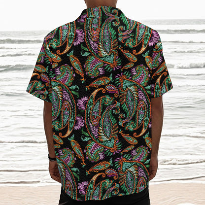 Green Orange And Pink Paisley Print Textured Short Sleeve Shirt