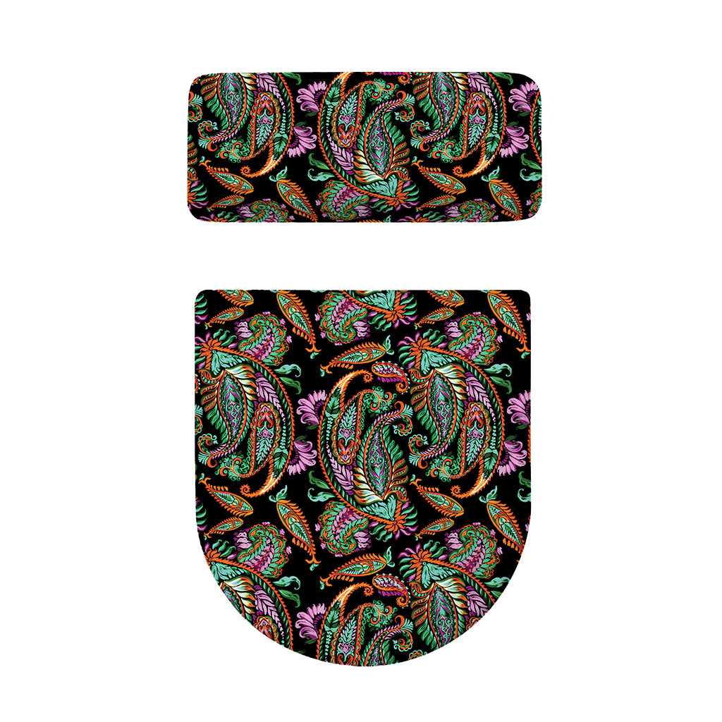 Green Orange And Pink Paisley Print Toilet Lid And Tank Cover Set