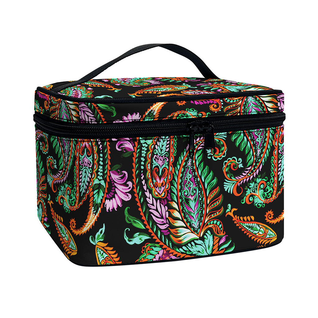 Green Orange And Pink Paisley Print Travel Makeup Bag