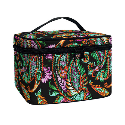 Green Orange And Pink Paisley Print Travel Makeup Bag