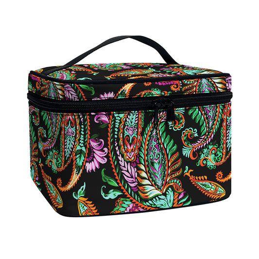Green Orange And Pink Paisley Print Travel Makeup Bag