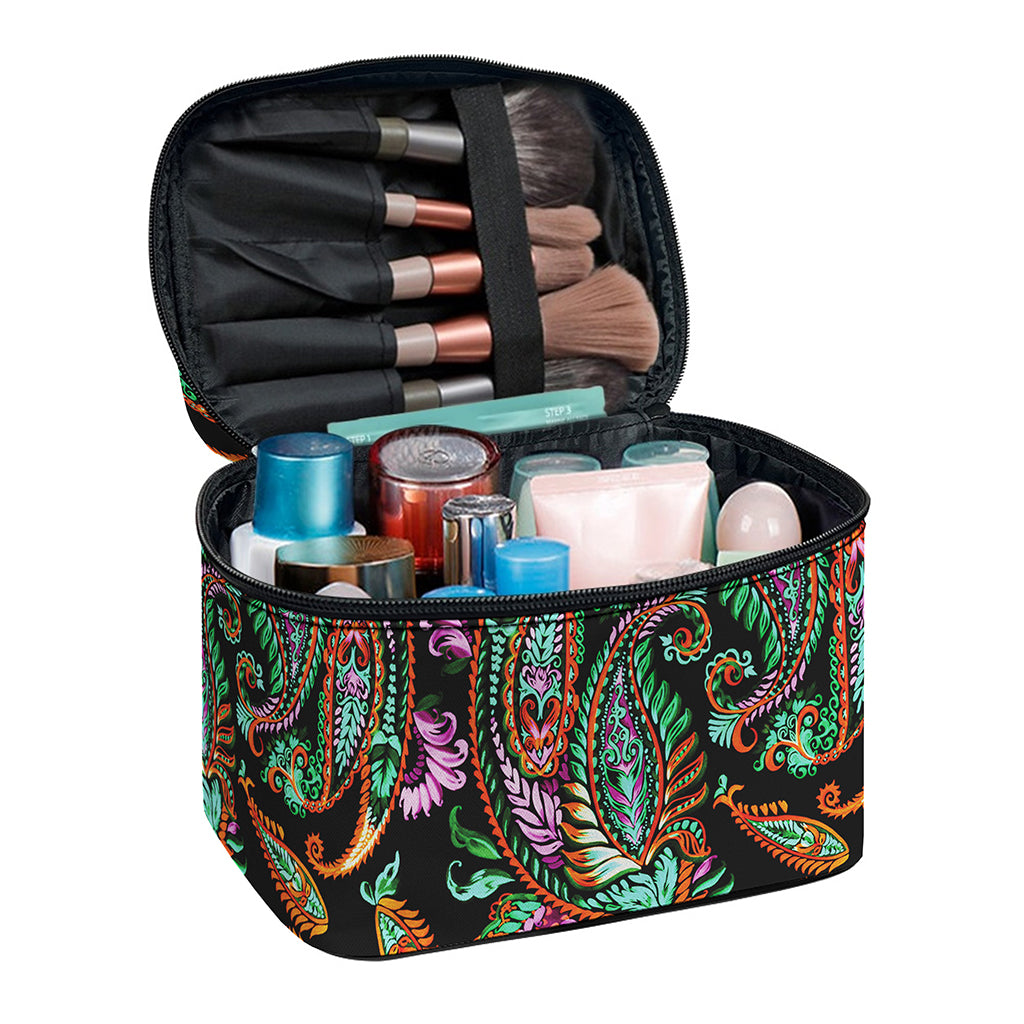 Green Orange And Pink Paisley Print Travel Makeup Bag