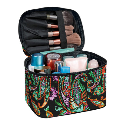 Green Orange And Pink Paisley Print Travel Makeup Bag
