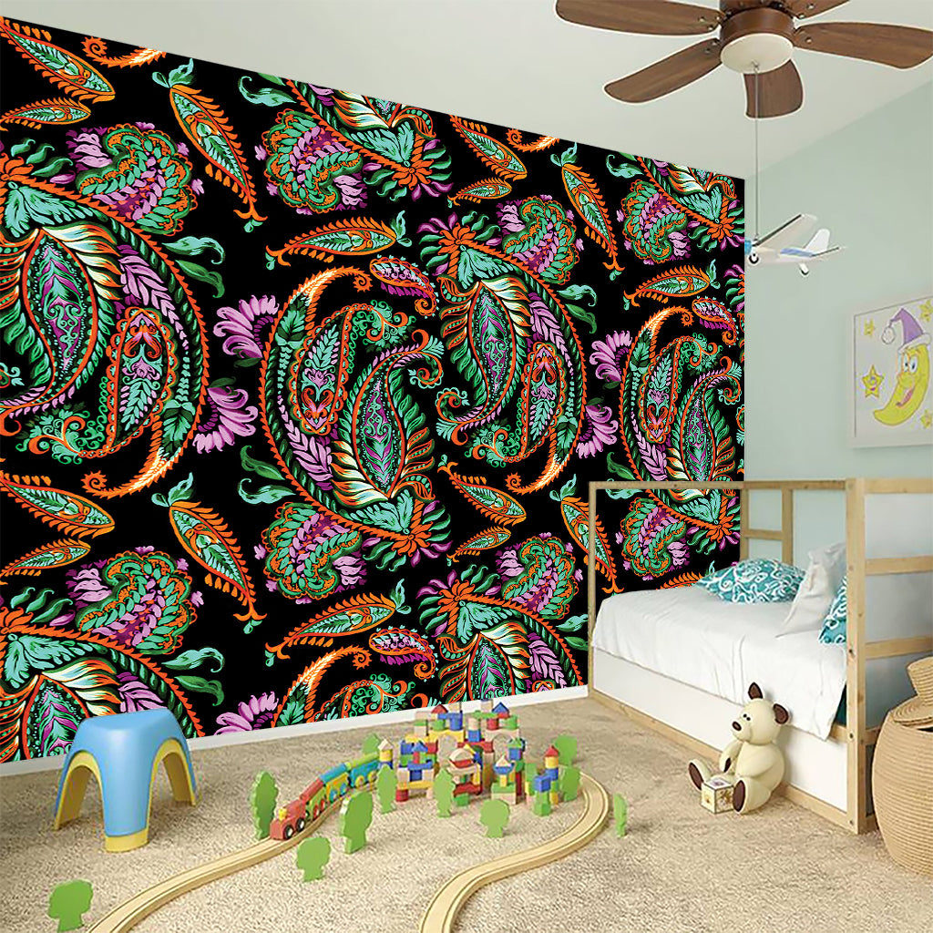 Green Orange And Pink Paisley Print Wall Sticker