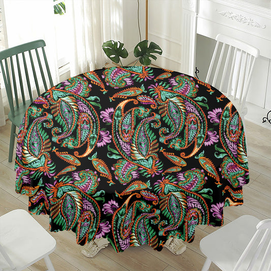 Green Orange And Pink Paisley Print Waterproof Round Tablecloth