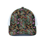Green Orange And Pink Paisley Print White Mesh Trucker Cap