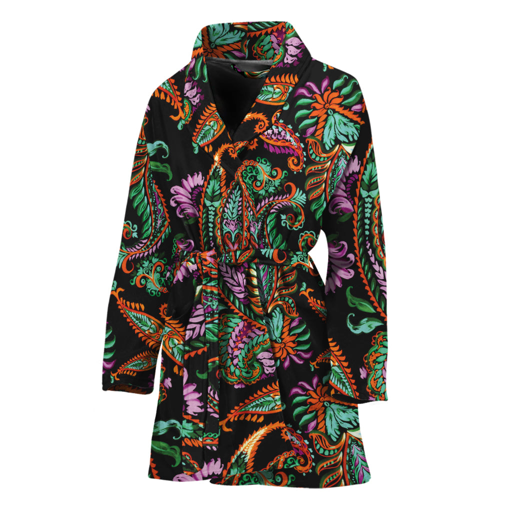 Green Orange And Pink Paisley Print Women's Bathrobe