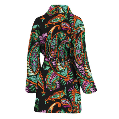Green Orange And Pink Paisley Print Women's Bathrobe