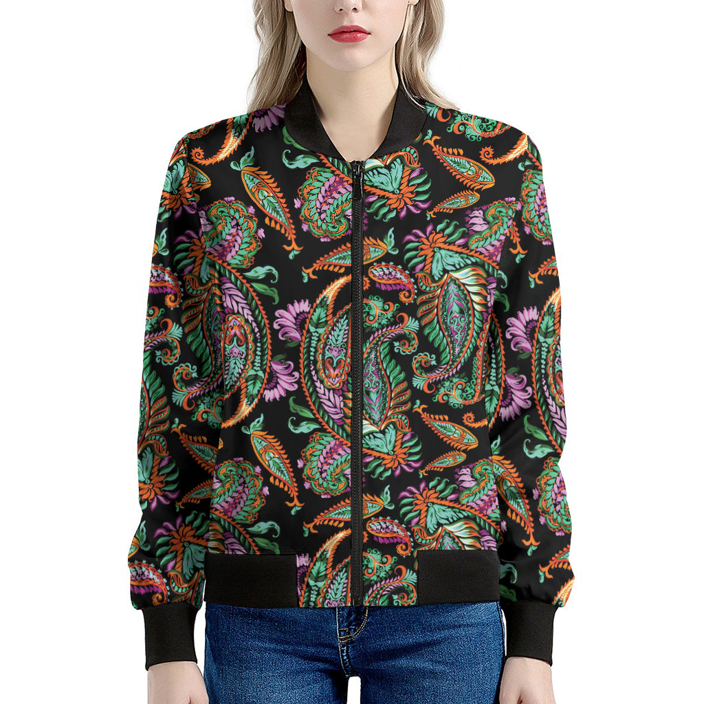 Green Orange And Pink Paisley Print Women's Bomber Jacket