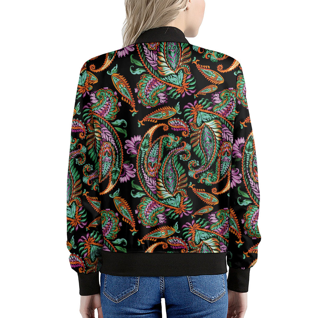 Green Orange And Pink Paisley Print Women's Bomber Jacket