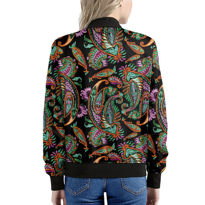 Green Orange And Pink Paisley Print Women's Bomber Jacket