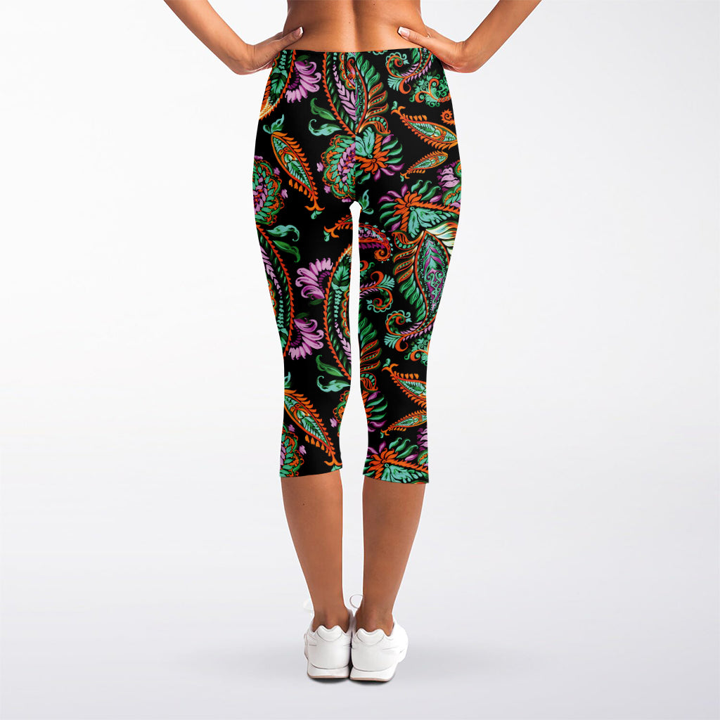 Green Orange And Pink Paisley Print Women's Capri Leggings