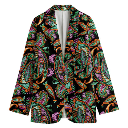 Green Orange And Pink Paisley Print Women's Cotton Blazer