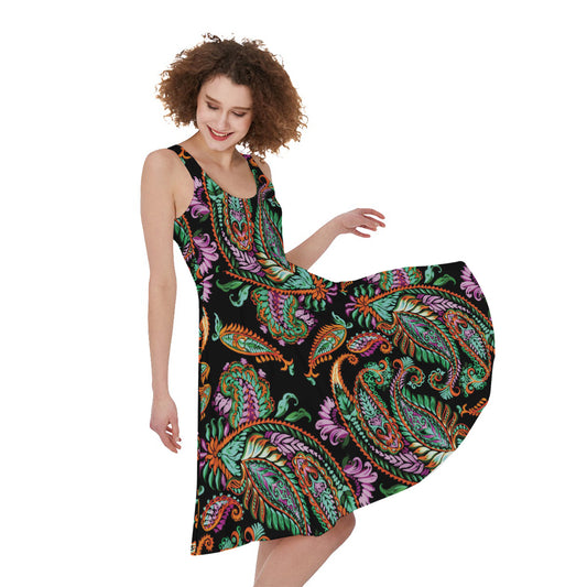 Green Orange And Pink Paisley Print Women's Sleeveless Dress