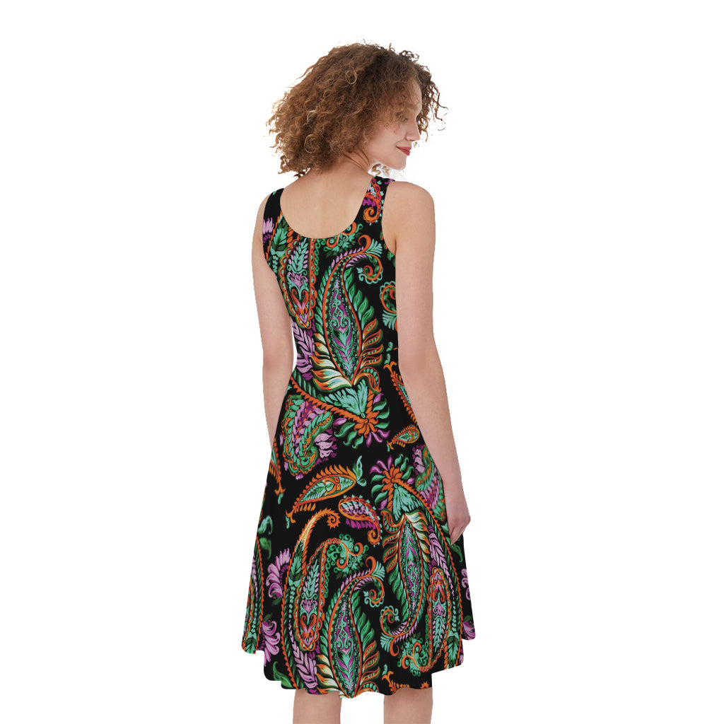 Green Orange And Pink Paisley Print Women's Sleeveless Dress