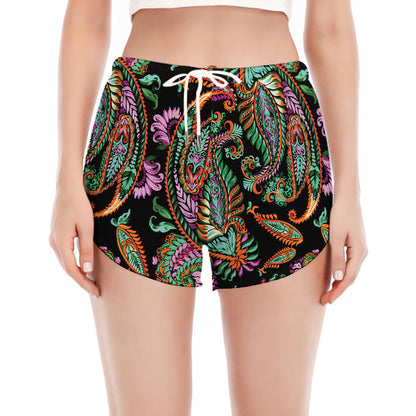 Green Orange And Pink Paisley Print Women's Split Running Shorts