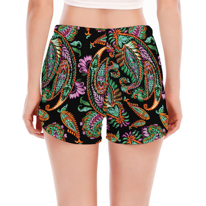 Green Orange And Pink Paisley Print Women's Split Running Shorts