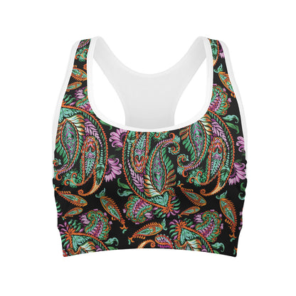 Green Orange And Pink Paisley Print Women's Sports Bra