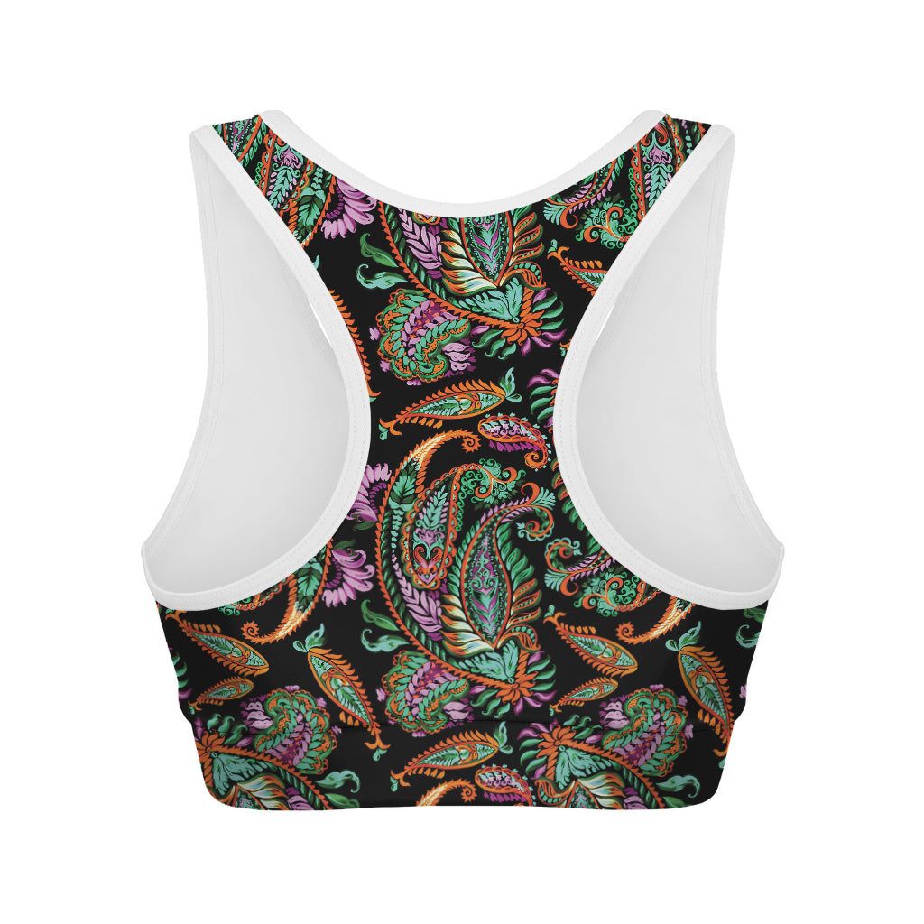 Green Orange And Pink Paisley Print Women's Sports Bra