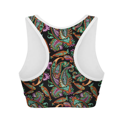 Green Orange And Pink Paisley Print Women's Sports Bra