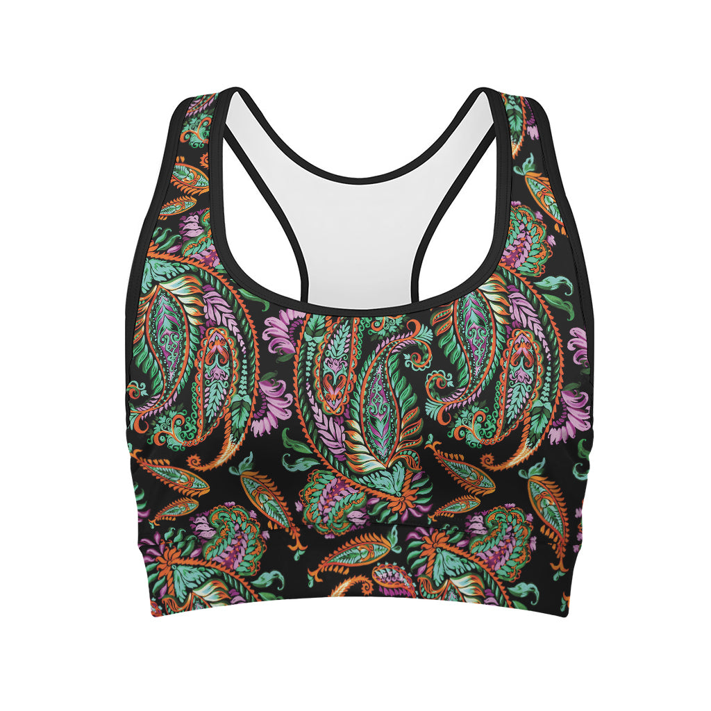 Green Orange And Pink Paisley Print Women's Sports Bra